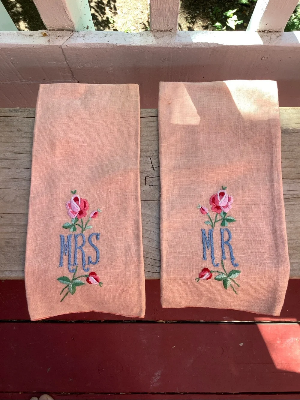 Vintage Pair of Mr & Mrs Linen Embroidered Hand Towels